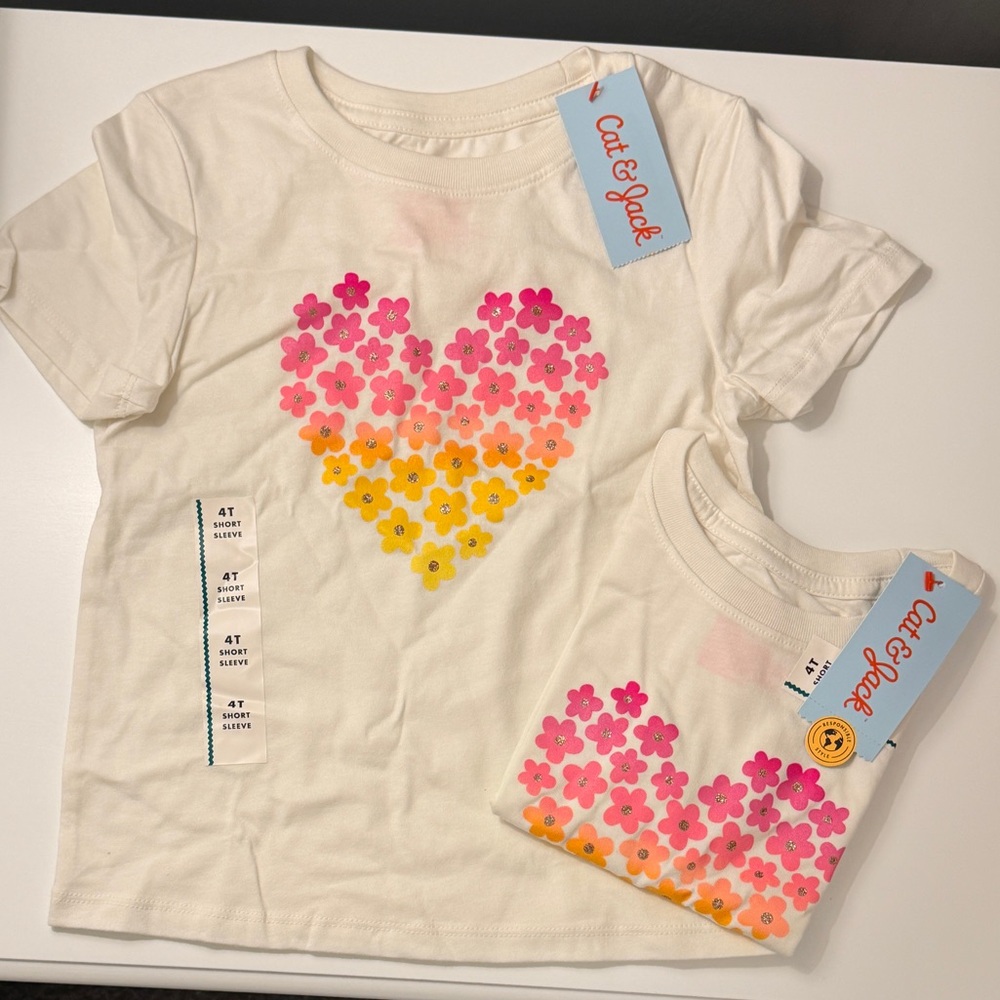 Cat & Jack White Tee with Pink‎ and Yellow Floral Heart (2 pack)